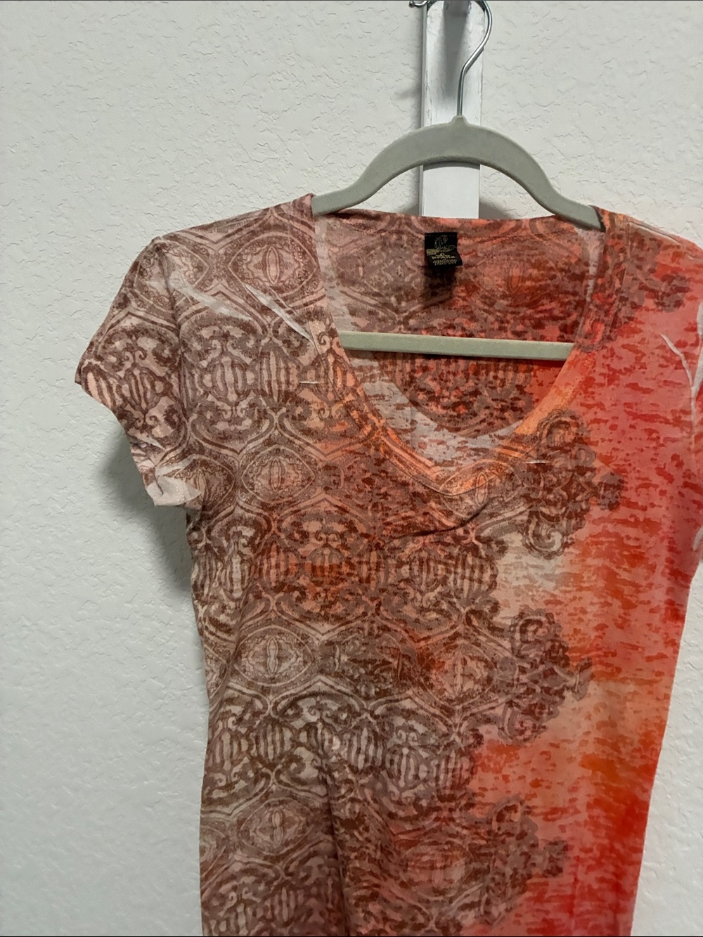 Prana Orange and Brown Boho Patterned V-Neck Short Sleeve Tee - Picture 3 of 7